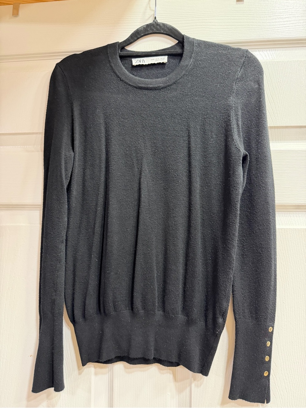 Zara Black Crewneck Sweater with Gold Cuff Buttons